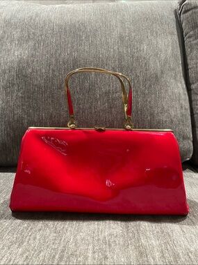 1960s Vintage Red Patent Leather Top Handle Clutch Handbag Mid Century Purse